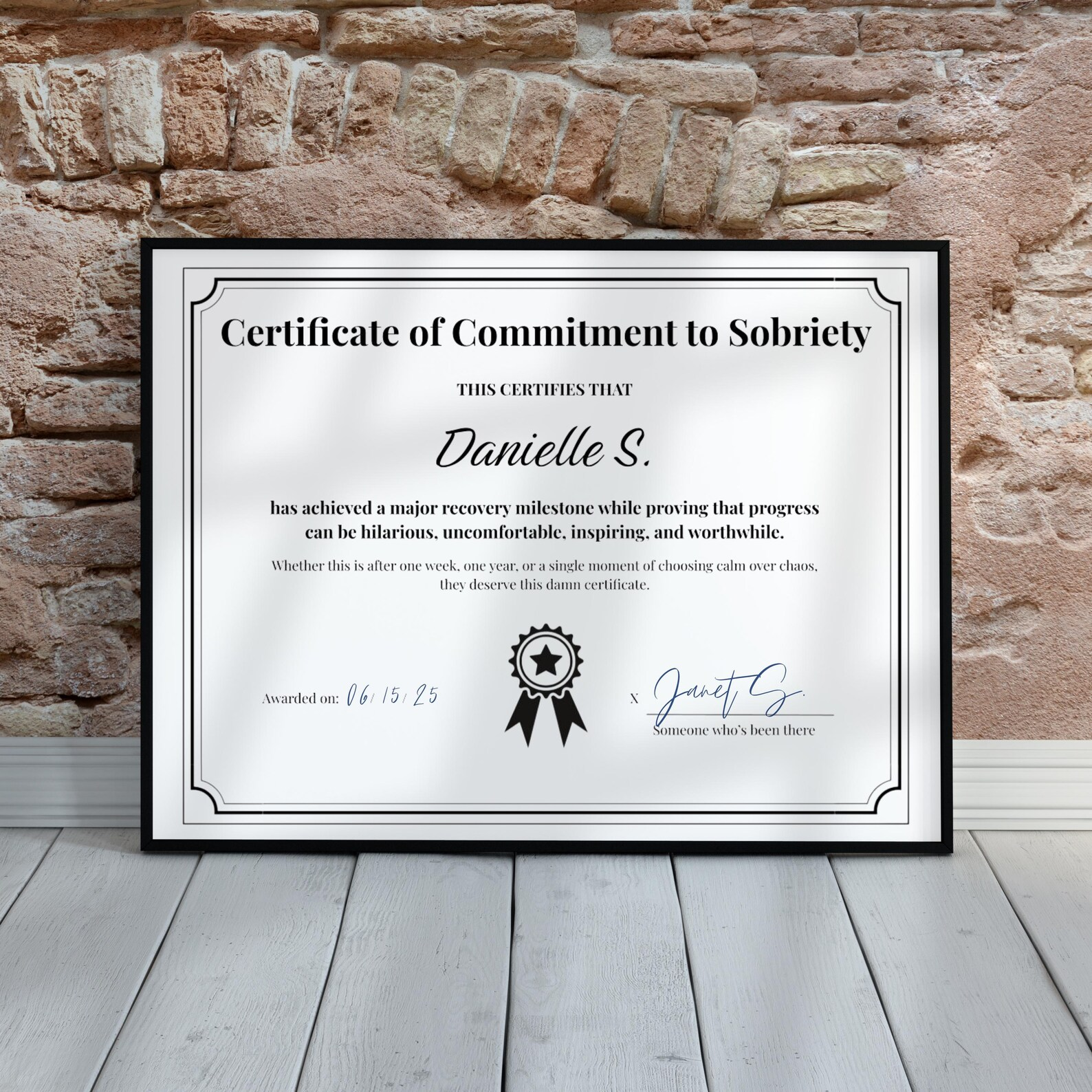Certificate of Commitment to Sobriety that reads This Certifies That An Anonymous Individual, with a lighthearted milestone message, an Awarded On date line and a signature line
