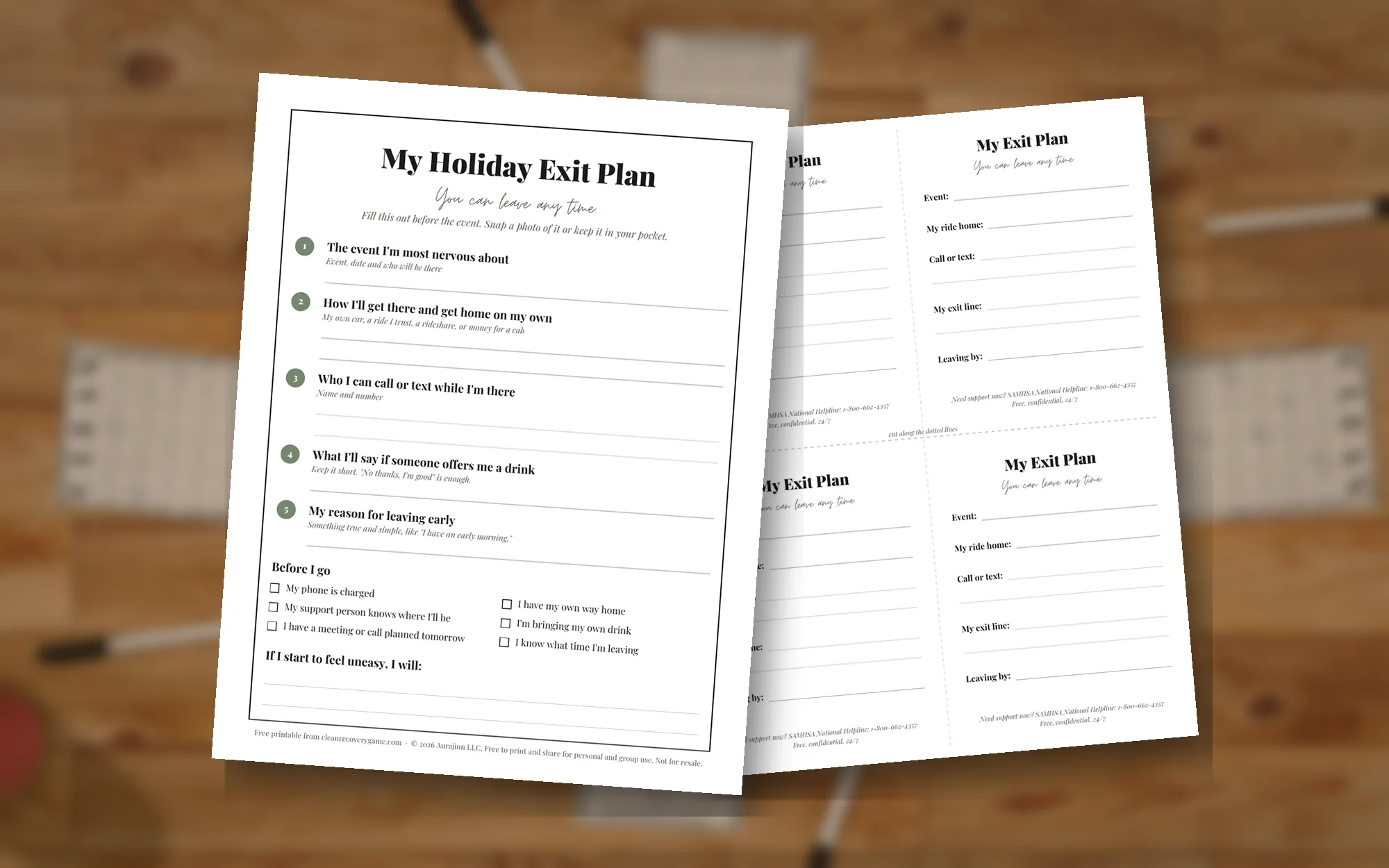 Printable My Holiday Exit Plan worksheet with five numbered prompts and a Before I Go checklist, shown beside a sheet of four cut-out My Exit Plan pocket cards on a wooden table